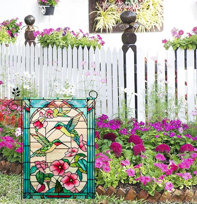 Spring Summer Hummingbird Garden Flag 12x18 Inch Double Sided, Stained Glass Floral Garden Flag for Outside, Colorful Flower Yard Flag Seasonal Outdoor Farmhouse Decor