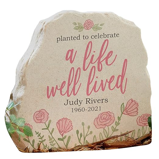 Personalization Universe A Life Well Lived Personalized Memorial Garden Stone - Customizable Outdoor Decor, Weather-Resistant Polyresin, 10"x11.9" - Available in Blue/Pink, Sympathy Gift