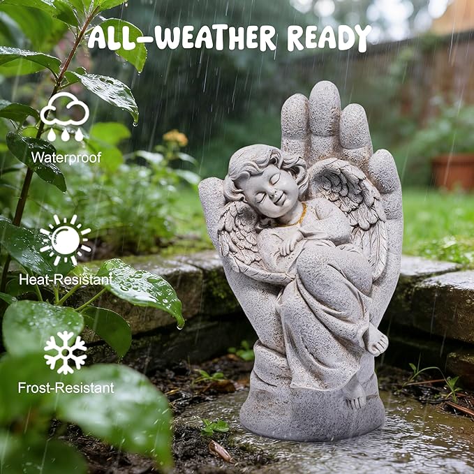 basen Guardian Angel Statue in Hand, Memorial Angel Garden Statue for Outdoor Yard Lawn Patio, Resin Angel Figurine Decoration for Grave Cemetery Remembrance, Sympathy Gift Decor