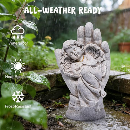 basen Guardian Angel Statue in Hand, Memorial Angel Garden Statue for Outdoor Yard Lawn Patio, Resin Angel Figurine Decoration for Grave Cemetery Remembrance, Sympathy Gift Decor