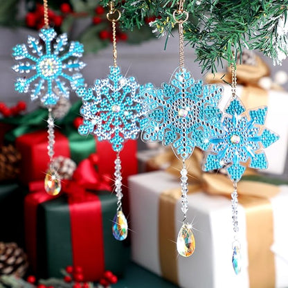 4 Pcs 5D 9.7x3 inch Christmas Diamond Painting Kits DIY Point Drill Diamond Painting Wind Crystal Wind Chimes Double Snowflake Ornaments with Crystal Pendant for Home Garden Hanging Decor(Blue, White)
