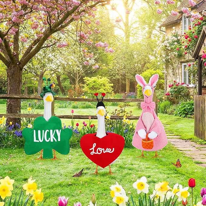 Abbylike 3 Sets St. Patrick's Day Porch Goose Outfits Lucky Shamrock Clover Yard Goose Clothes Easter Spring Lawn Costume for 23 Inch Cement Patio Garden Outdoor Statue Art Decorations