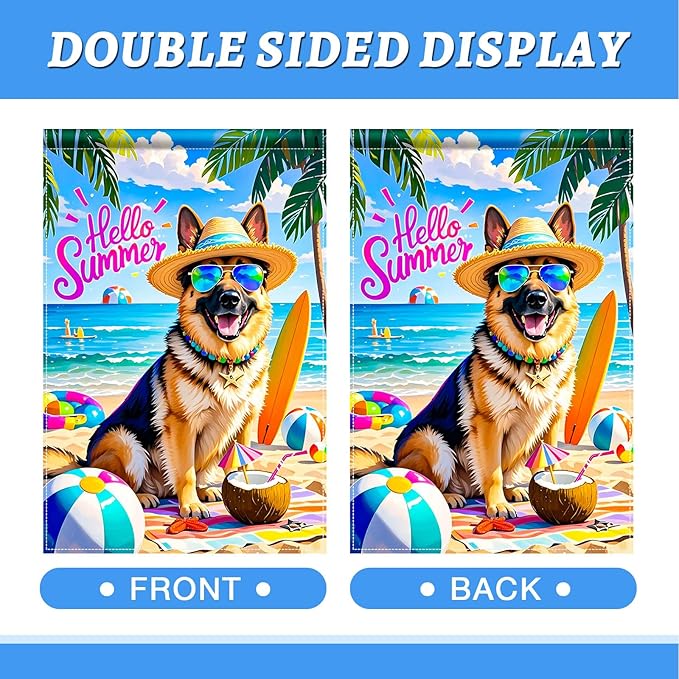 HOMETITUTE Hello Summer Beach Garden Flag German Shepherd Dog Tropical Beach Flag 12x18 Inch Double Sided Yard Small Summer Flag For Outside Holiday Seasonal Outdoor