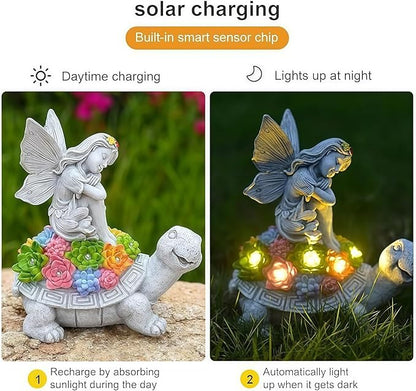 Solar Angel Garden Statue，Solar Garden Statue Angel and Turtle,Figurines Outdoor Decor,Outdoor Solar Statue with LED Lights for Yard,Patio,Lawn Art Decoration,Housewarming Gift