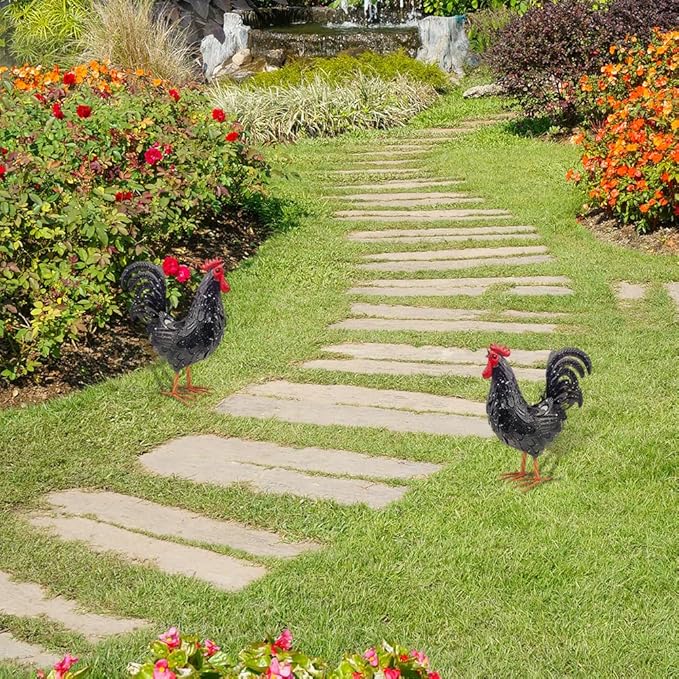Metal Rooster Yard Decor,16 in Outdoor Chicken Statue Decoration for Patio Lawn Garden,3D Rooster Garden Statues,Chicken Yard Art Sculpture Outdoor Figurines,Metal Chicken Decor,1 Pcs (Black)