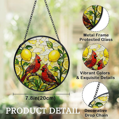 Lemon Cardinal Suncatchers Stained Glass Window Hanging, Lemon Kitchen Decor, Red Cardinal Sun Catchers Indoor Window Glass Round Wall Decor, Kitchen Mediterranean Wall Hanging, 7.9x7.9in