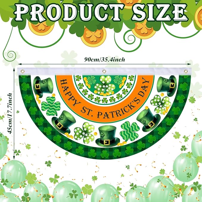 6 Pcs St. Patrick Day Bunting Fan Flag Irish Shamrock Clover Bunting Flag Happy St. Patrick Day Garden Half Fan Banner Decoration Holiday Indoor Outdoor Yard Decor, 1.5 x 3 ft