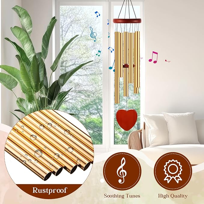 Leinuosen Wind Chimes for Outside Wind Chimes Outdoors Deep Tones 28" with 6 Aluminum Tubes Memorial Sympathy Windchime for Valentine Tree Decor Garden Courtyard Mom Loved One Gifts(Heart,Gold)