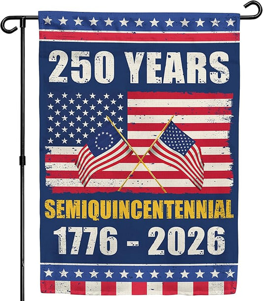 250th Anniversary America USA Garden Flag for Outside, Crossed Flags Semiquincentennial 250 Years 1776-2026 Patriotic Double-Sided Waterproof Yard Flag 12x18 Inch for 4th of July Memorial Day Decor