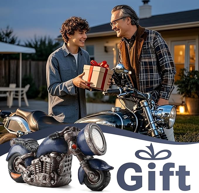 Etlemonde Solar Vintage Style Motorcycle Statue, Resin Rustic Retro Sculpture with LED Lights,Outdoor Art Decor for Garden Courtyard Lawn, Ideal Housewarming、Birthday Gift for Motorcycle Enthusiasts