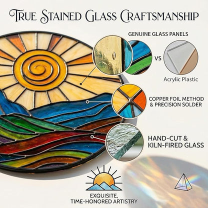 Stunning 12" Stained Glass Suncatcher - Colorful Spiral Sun & Rainbow Mountain Window Hanging, Handcrafted Outdoor Garden Decor, Ideal Mother’s Day or Housewarming Gift