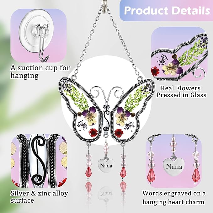 Nana Gift Butterfly Suncatcher for Window Hanging Sun Catchers Ornament with Pressed Flower Nana Heart Charm Birthdays Gift for Women for Nana Gift for Grandma