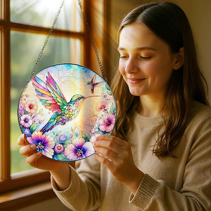 Stained Glass Window Hanging, Pauyadu Hummingbird Sun Catchers, Stained Glass Suncatcher, Hummingbird Decor Gifts for Women, Mom, Grandma, Wife, Lovers and Couple - 8 Inch