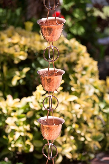 Monarch Rain Chains Pure Copper Hammered Cup Rain Chain with Gutter Adapter, 8.5 ft Decorative Downspout Replacement & Copper Rain Chain Gutter Adapter