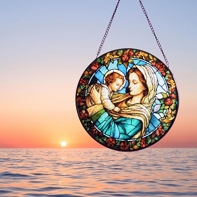 Virgin Mary and Baby Jesus Stained Glass Window Hanging, 8''/20CM Suncatchers for Windows Christian Decorative Hanging Ornaments Stained Glass for Chirstmas Suncatcher Window Panel Gift Home Decor