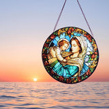 Virgin Mary and Baby Jesus Stained Glass Window Hanging, 8''/20CM Suncatchers for Windows Christian Decorative Hanging Ornaments Stained Glass for Chirstmas Suncatcher Window Panel Gift Home Decor