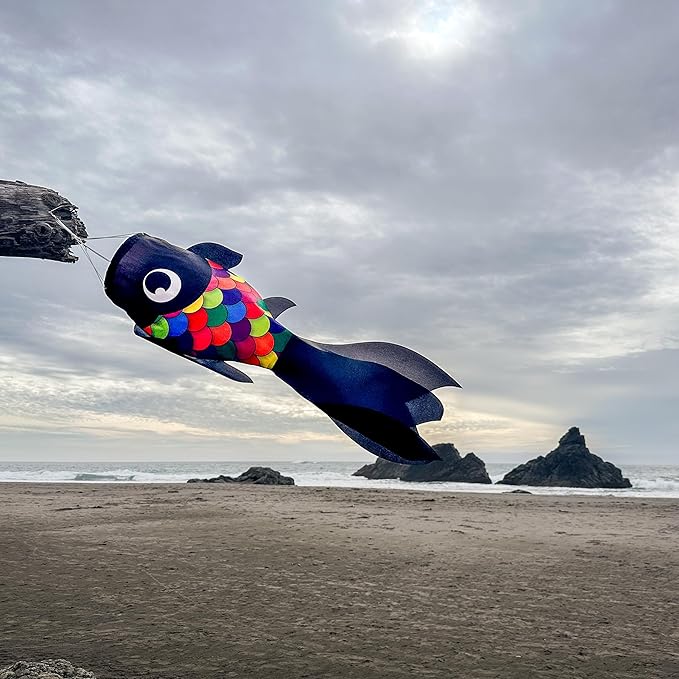 In the Breeze 5225 — 30-inch Black & Rainbow Damsel Fish — Colorful Fishsock Hanging Garden Decor with Detailed Printed Graphics