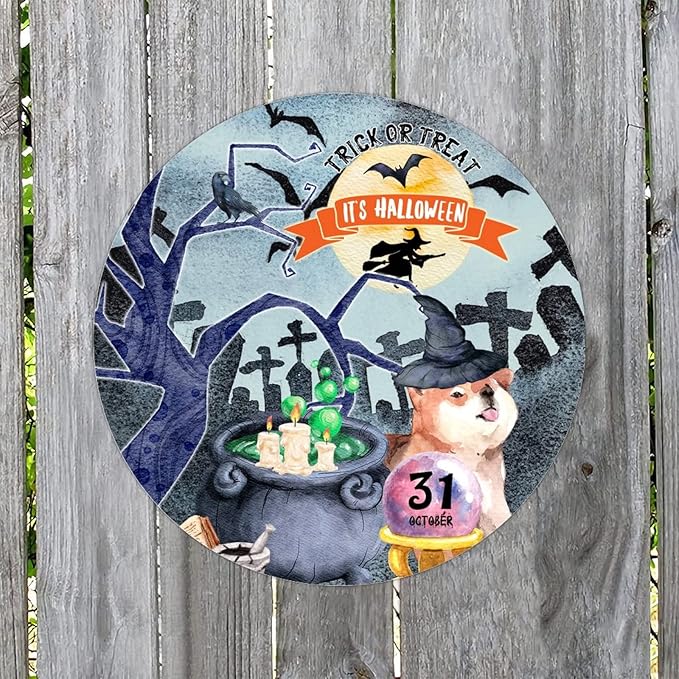 Retro Metal Sign 12"x12",Happy Halloween Scary Night Grave Witch Bats Trick Or Treat Dog Aluminum Tin Metal Sign for Home Living Room Bedroom Garden Farm Patio Decor Wall Art Poster