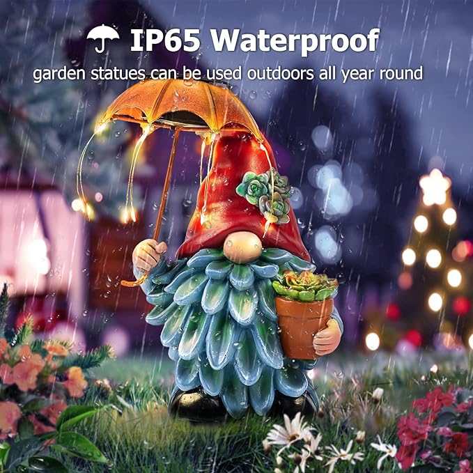 Solar Outdoor Statues Gnome Garden Decor, Garden Gnome with Solar LED Umbrella Decorative for Patio, Balcony, Lawn, Yard Ornament - Christmas Gardening Gifts for Mom Grandma