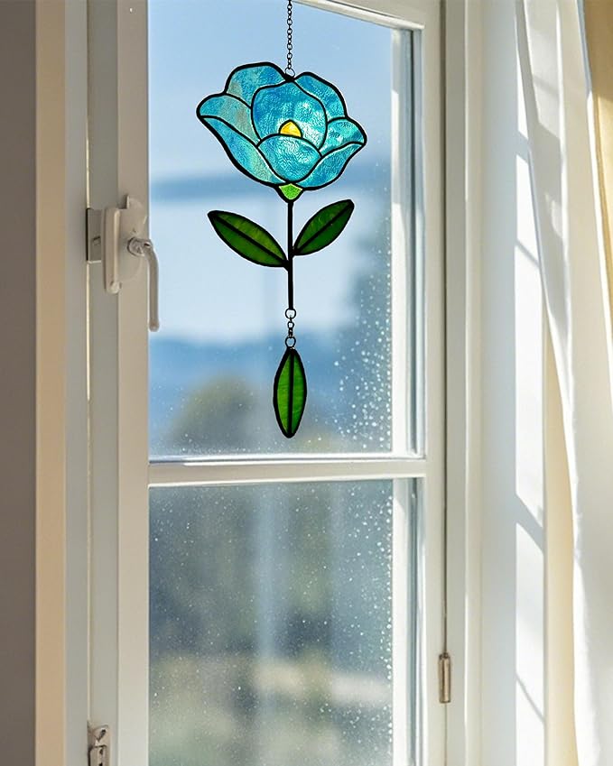 Stained Glass Window Hangings, Handcrafted Garden Suncatchers for Window and Home Decor, Unique Artisan Glass Ornaments for Indoor and Outdoor Use, Blue