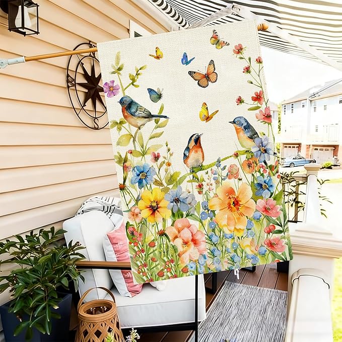 Baccessor Spring Floral Birds House Flag Double Sided 28x40 Inch Burlap,Flower Butterflies Large Garden Flag Porch Patio Front Entry Yard Seasonal Farmhouse Outside Outdoor Decor