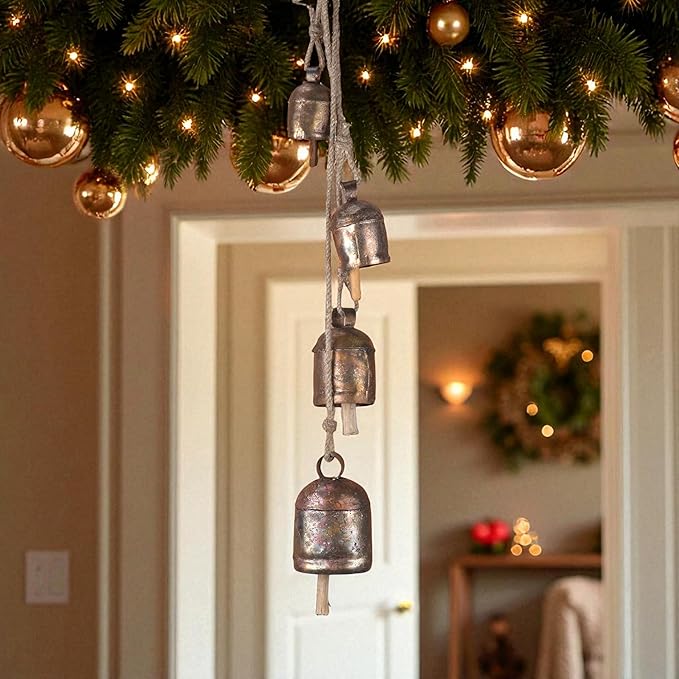 Metal Hanging Wind Chimes & Decorative Bells for Outside – Rustic Gold Bronze Finish Tibetan Bells & Jingle Bells for Door Knob, Hanging Bells for Door, Yard Decorations Outdoor & Christmas Bells 25"