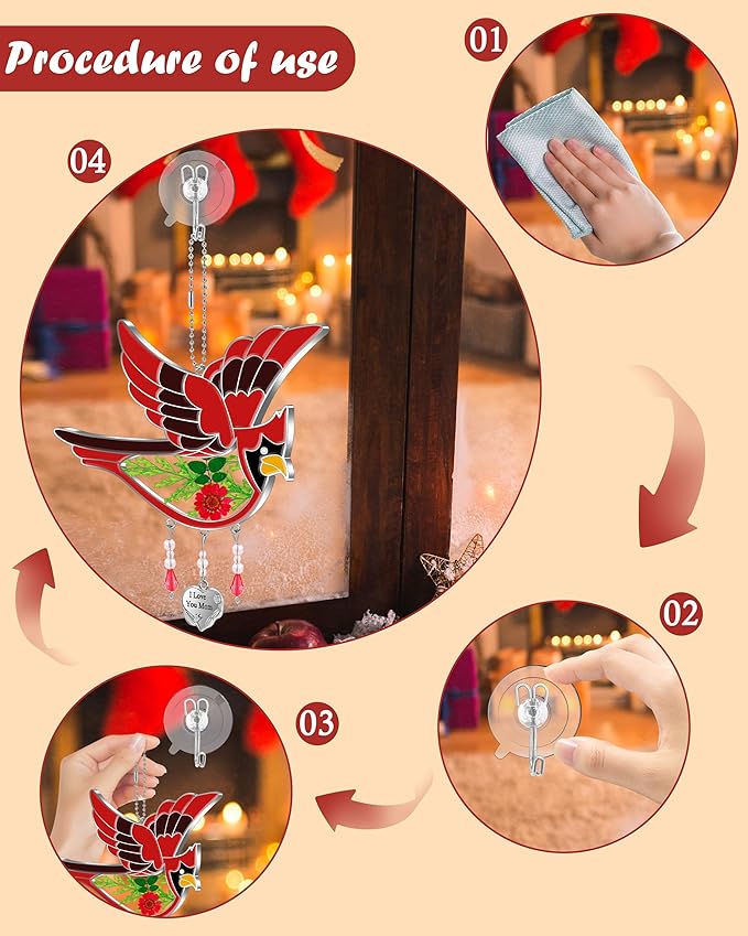 KY&BOSAM Gifts for Mom I Love You Mom Cardinal Suncatcher Stained Glass Hand Painted Color for Window Hanging Ornament Wind Chime with Real Flower and Metal Heart Charm Mothers Day Birthday Christmas