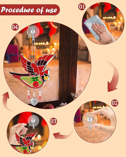 KY&BOSAM Gifts for Mom I Love You Mom Cardinal Suncatcher Stained Glass Hand Painted Color for Window Hanging Ornament Wind Chime with Real Flower and Metal Heart Charm Mothers Day Birthday Christmas