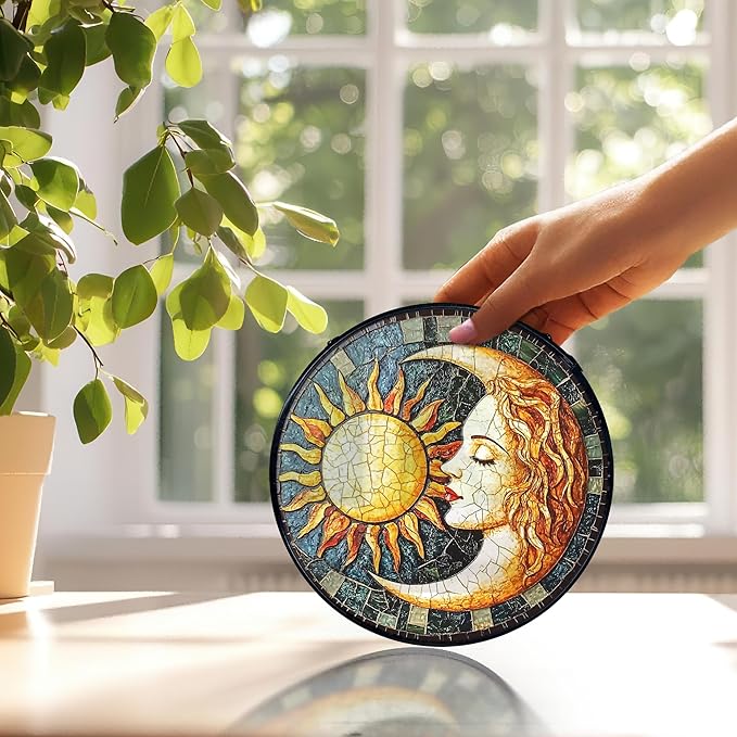 Sun and Moon Suncatchers Stained Glass Window Hanging, Celestial Suncatchers Indoor Window Glass Round Wall Decor, Sun Moon Decor Wall Hanging Decorations, 7.9x7.9in