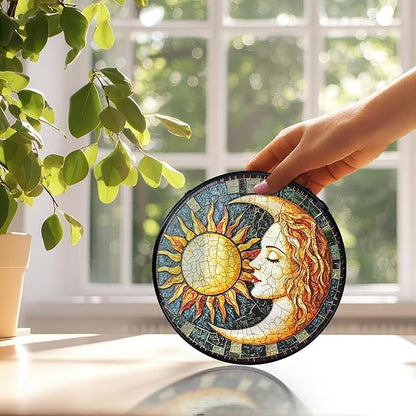 Sun and Moon Suncatchers Stained Glass Window Hanging, Celestial Suncatchers Indoor Window Glass Round Wall Decor, Sun Moon Decor Wall Hanging Decorations, 7.9x7.9in