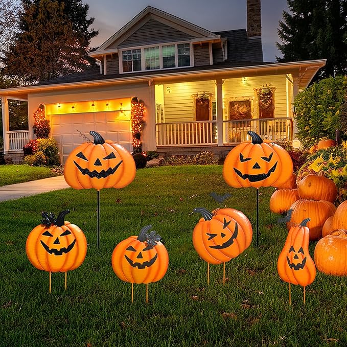 2 Pack Halloween/Thanksgiving Garden Stakes, Outdoor Party Décor Stacked Metal Pumpkins Jack-o-Lantern Lawn Decor, Yard Signs Stake Outdoor Decorative Pumpkin Home Lawn Pathway Driveway Decorations