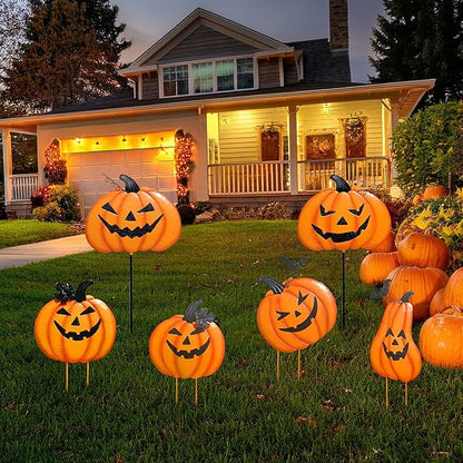2 Pack Halloween/Thanksgiving Garden Stakes, Outdoor Party Décor Stacked Metal Pumpkins Jack-o-Lantern Lawn Decor, Yard Signs Stake Outdoor Decorative Pumpkin Home Lawn Pathway Driveway Decorations
