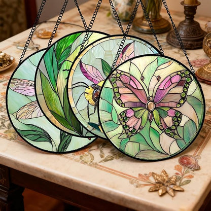 DASTOLL Stained Glass Window Hanging 4 Pcs Set Pink Green Insect Theme Large 15" - Butterfly Suncatcher Door Garden Sun Catcher Decor Birthday Christmas for Mom Woman Nana Men