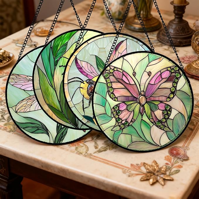 DASTOLL Stained Glass Window Hanging 4 Pcs Set Pink Green Insect Theme 9.8" - Butterfly Suncatcher Door Garden Sun Catcher Decor Birthday Christmas for Mom Woman Nana Men