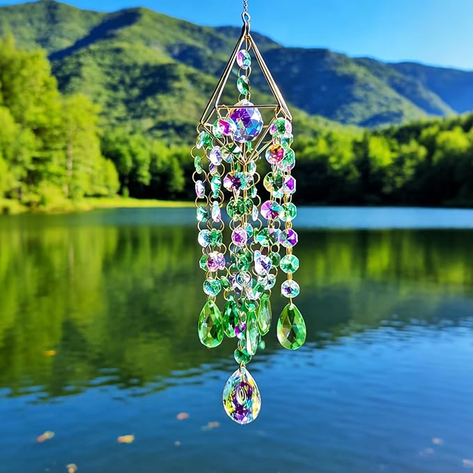 Green & Iridescent Crystal Suncatcher Prism, Handmade Gold-Plated Frame with K9 Crystal Beads, Window Hanging Decor for Home, Garden, Wedding