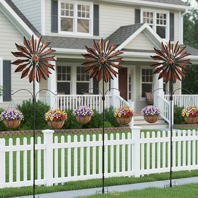 Yard Garden Wind Spinners - Large Outdoor Metal Wind Spinners with Stake, Yard Art Lawn Garden Decor Bronze-Colored Blade Rotator (25.5" W x 95" H)