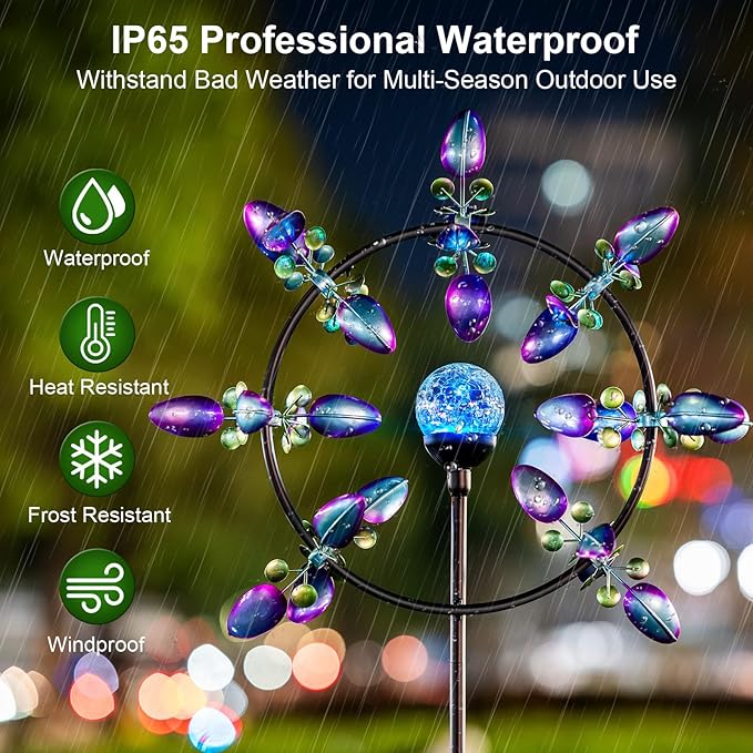 Large Solar Wind Spinner for Yard and Garden – 360° Kinetic Metal Wind Sculpture with LED Crackle Glass Ball, Waterproof Outdoor Stake Decor for Patio, Lawn & Backyard Art Decoration