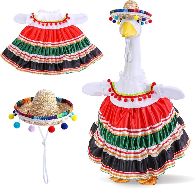 Watayo 2 Pcs/Set Mexican Porch Goose Outfits, Lawn Goose Clothing Costume for Cinco De Mayo, Garden Goose Clothes Striped Dress Mexican Sombrero for 23" High Statue Outdoor Patio Yard Decor (A Style)