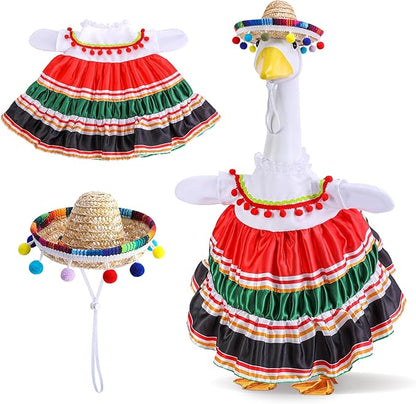Watayo 2 Pcs/Set Mexican Porch Goose Outfits, Lawn Goose Clothing Costume for Cinco De Mayo, Garden Goose Clothes Striped Dress Mexican Sombrero for 23" High Statue Outdoor Patio Yard Decor (A Style)