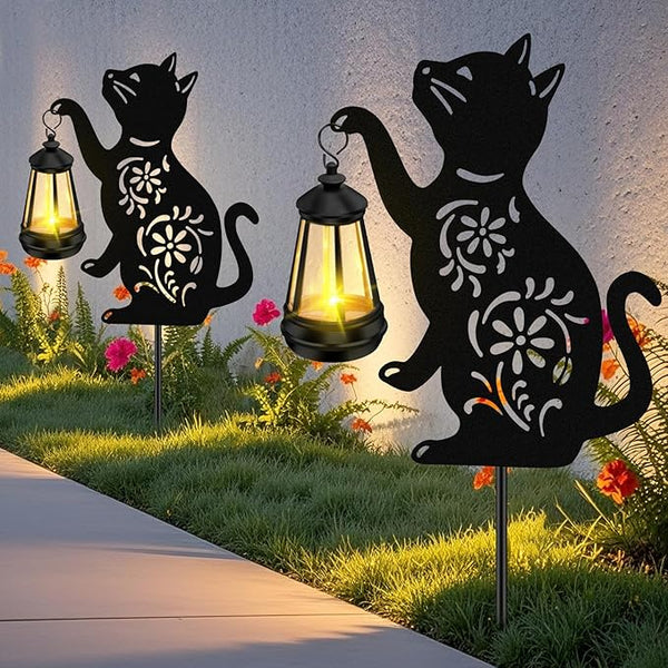 ZFNN Solar Garden Statues Cat Decor - Outdoor Metal Lantern Silhouette Stake, Waterproof Solar Lights for Yard Patio Lawn Pathway Art Decoration, Unique Gardening Gifts for Women Mom Cat Lovers 2Pack
