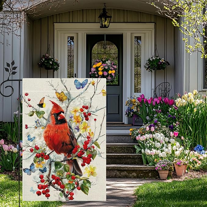 Spring Summer Cardinal Bird Butterfly Floral Garden Flag 12x18 Inch Double Sided, Welcome Yard Decor, Farmhouse Outdoor Flag for Lawn Patio Porch