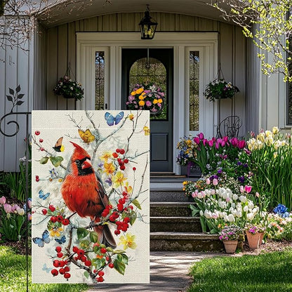 Spring Summer Cardinal Bird Butterfly Floral Garden Flag 12x18 Inch Double Sided, Welcome Yard Decor, Farmhouse Outdoor Flag for Lawn Patio Porch