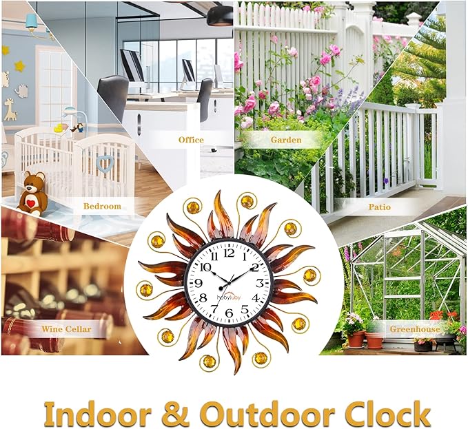 Outdoor Clock Silent Non-Ticking, 13" Sun Outdoor Wall Clock for Patio, Living Room, Home Decor（Orange）