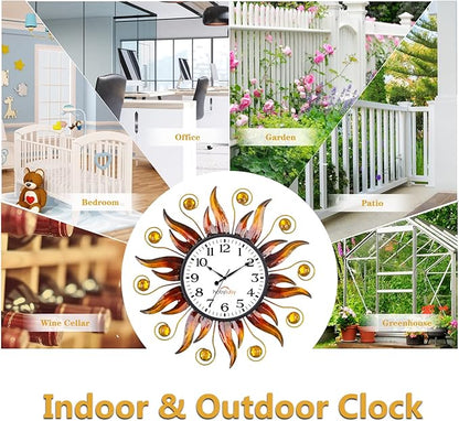 Outdoor Clock Silent Non-Ticking, 13" Sun Outdoor Wall Clock for Patio, Living Room, Home Decor（Orange）