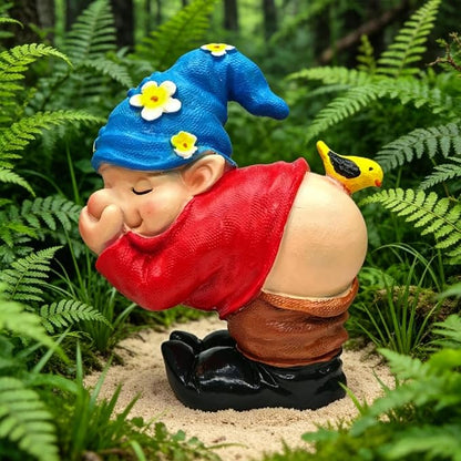 Spring Garden Gnome Statues - Funny Gnome Pants Down Outdoor Resin with Bird Sculptures Decor for Indoor Home Table Patio Lawn Yard Porch Balcony, Housewarming Birthday Mother's Dya Gift