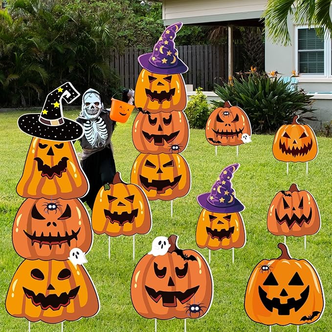 Amyhill 12 Pcs Halloween Pumpkin Yard Signs for Outdoor Spooky Ghost Jack O 16 Pcs Pumpkin with Witch Hats Lawn Stakes Trick or Treat Yard Decorations for Halloween Garden Stack Prop Home Party Decor