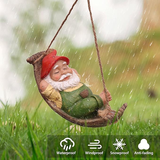 TERESA'S COLLECTIONS Green Garden Gnomes Statues for Garden Decor, Resin Hanging Decorations for Outdoor, Tree Ornaments Figurines for Outside Stump Lawn Patio, Gifts for Mom Women and Man, 8"