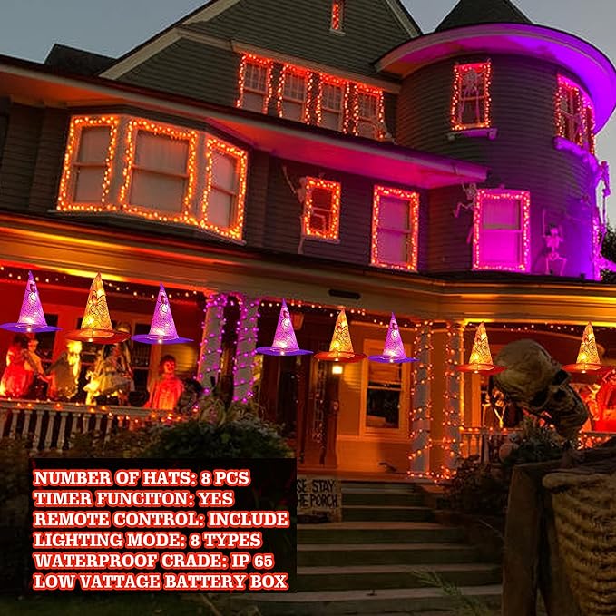 DAZZLE BRIGHT 8 Pcs Hanging Witch Hat String Lights, Light Up Waterproof Halloween Decorations with Remote Control for Outdoor Garden Party Carnival Supplies Decor (2 Pack)