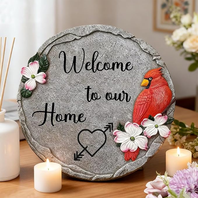 Welcome to Our Home-Resin Stepping Stone,Outdoor Garden Pathway Decoration,Round Red Hummingbird Decorative Stone for Garden,Walkway Sculpture Yard Art for Patio,Home Decor
