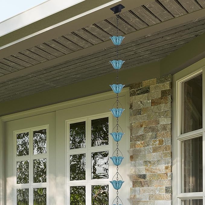 Rain Chains for Gutters Outside 8.5FT Rain Catcher Chain with 12 Blue Tulip Cups Decorative Replacement for Downspout
